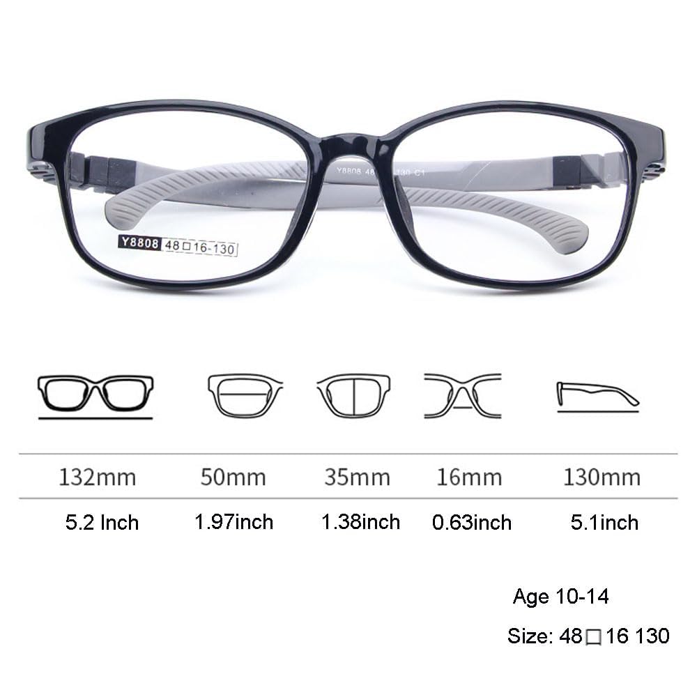 QYAJS Brillenrahmen für Kinder, optischer Brillenrahmen, TR90, flexibel, biegbar, einteilig, sichere Brille für Mädchen und Jungen (Hellschwarz und Grau), Hellschwarz, Größe M, Light Black, Medium