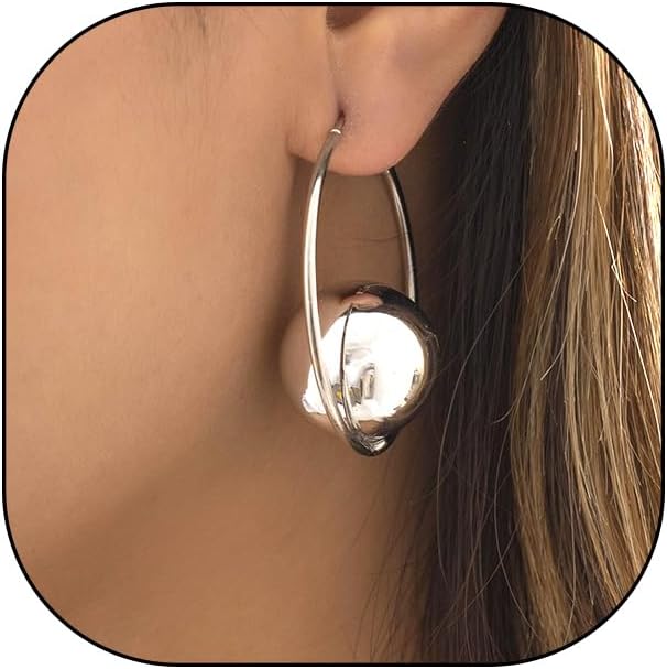 Chunky Round Ball Hoop Dangle Earrings for Women Minimalist Gold Plated Geometric Thick Huggie Earrings Exaggerated Punk Statement Jewelry Gifts