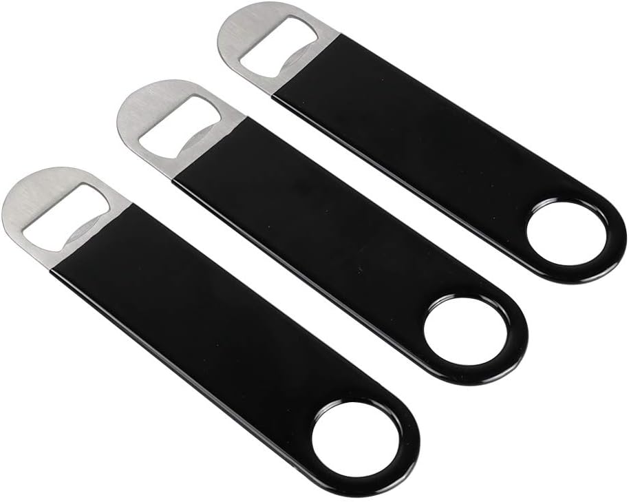 Super Deal Product Saedy Black Rubber Flat Bottle Opener, Bar Flade, Bar Keys Heavy Duty Stainless Steel, 7 Inch, 3 Pcs