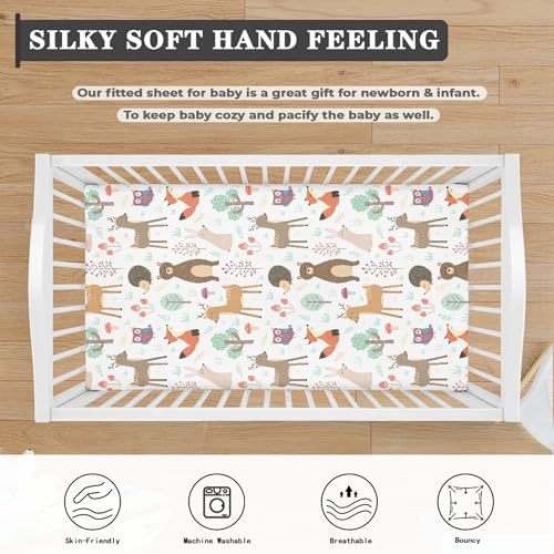 Image of Forest Cute Animals Fitted Crib Sheet Nature Woodland Friends Standard Crib Mattress Fitted Sheet Multicolor Baby Toddler Bed Mattress Sheets for Boys Girls 28 inchx52 inch