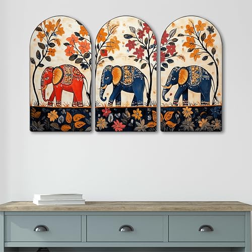 Image of Livin'luxe Elephant Wall Art | Set of 3 MDF Panel Paintings | Traditional Floral & Animal Theme Decorative Wall Hanging for Living Room, Bedroom & Home Interiors (20 x 30 Inch) RPNS-20