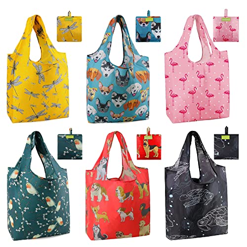 BeeGreen Reusable Grocery Bags 6 Pack Animal Foldable Tote Bag For Women w Pouch Bulk X-Large 50Lbs Machine Washable Nylon Fabrics Grocery Bags Durable Waterproof Shopping Bags Cute Tote Bag Flamingo