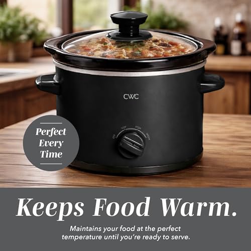 Image of COOK WITH COLOR 2QT Mini Electric Round Slow Cooker - Adjustable Settings, Removable Stoneware Pot, Tempered Glass Lid, Dishwasher Safe, Cool-Touch Side Handles, Black