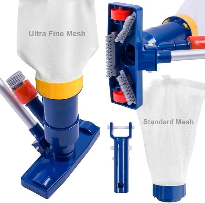 POOLAZA Manual Pool Vacuum with Double Fine Mesh Bags & 56" Aluminum Pole | Handheld Pool Vacuum Jet, Hose-Powered Vacuum Includes Ultra Fine & Standard Mesh Bags, Bottom Brushes & Wheels for Spa Pool