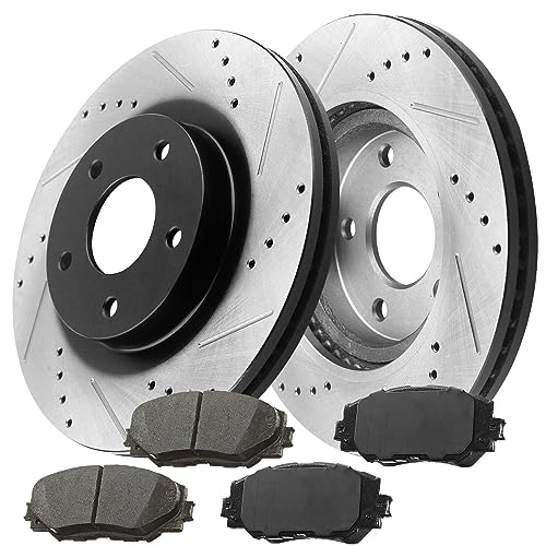 Image of MotorbyMotor Front Brake Pads and Rotors kit fits for Scion XB, Toyota Rav4 Prius, Lexus HS250H 275mm Drilled & Slotted Disc Brake Rotor & Ceramic Brake Pad 31440