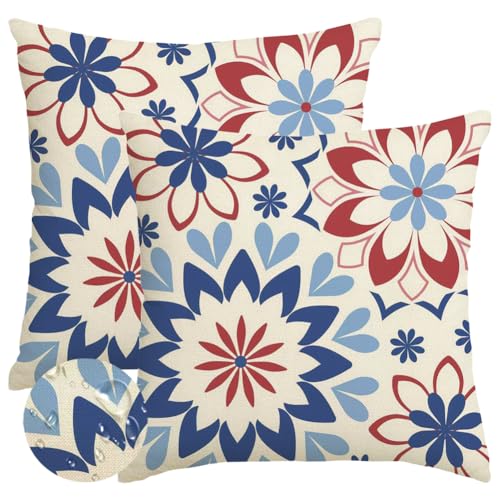ARGOOFG Outdoor Pillow Covers 18x18 Inch Set of 2 Waterproof, Dark Blue and Red Dahlia Floral Decorative Throw Pillowcases,4th of July Cushion Cases for Couch Patio Furniture Garden Porch