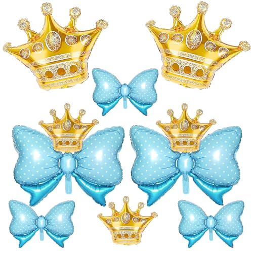 Image of 10pcs Gold Crown Balloons And Blue Bow Balloon, Light Blue Bows Balloons, Large Gold Crown Foil Balloon With Two Sizes For Birthday Baby Shower Theme Party Wedding Bridal Shower Decor
