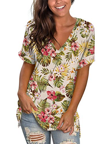 Image of Sampeel Women's V Neck T Shirts Casual Rolled Short Sleeve Side Split Summer Tops Loose Fit