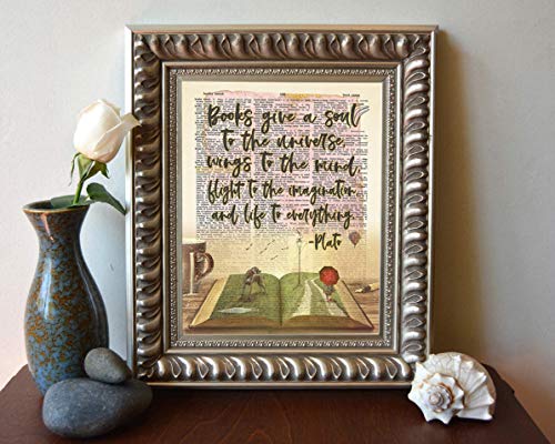 Plato Quote, Books Give A Soul To The Universe Art Print, Unframed, Vintage Literary Highlighted Dictionary Page Wall Art Decor Poster Sign, 8X10 #TOP2