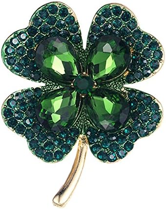 Rhinestone Green Clover Leaf Brooch Pin for Women Girls Unisex Gold Plated Vintage Crystal Flower Brooches Lapel Pins Lucky Decor Dress Accessories St Patrick's Day Holiday Jewelry Gift