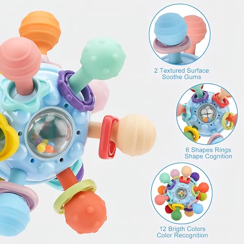 Image of Brand Conquer Silicone Baby Teether Ball Toy, BPA-Free Sensory Teething Toy for 3+ Months, Soft Chewable Textured Teether with Rattle, Colorful Grasping &Development Toy for Infants and Toddlers(Blue)