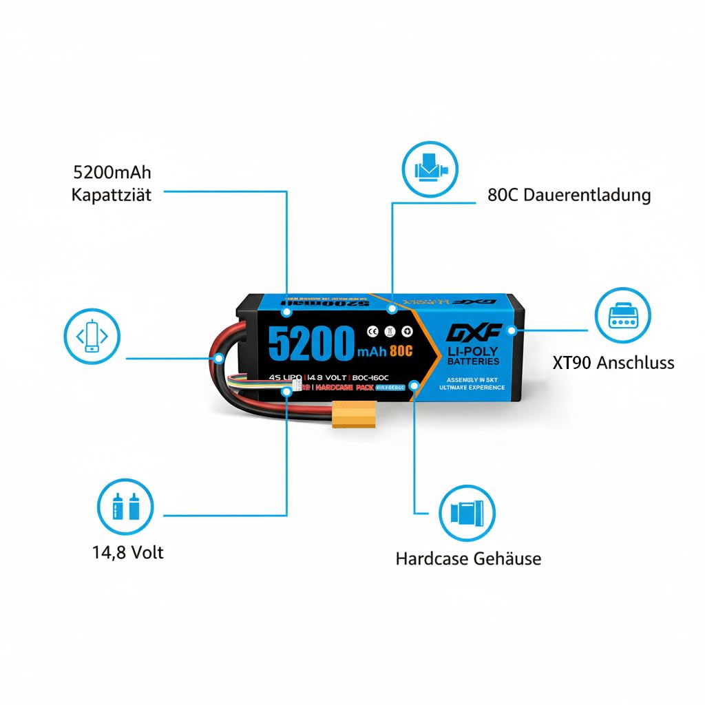 DXF 4S LiPo Akku 14.8V 5200mAh 80C mit XT90 Stecker Leistungsstarker 4S1P Battery Pack für 1:8 1:10 RC Auto Buggy Truck Modelle Racing Offroad Kompakt Leicht Langanhaltende Energie
