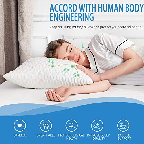 SORMAG Adjustable Shredded Memory Foam Pillows for Sleeping (2 Pack), Bamboo Cooling Bed Pillows Neck Support for Back, Stomach, Side Sleepers-Queen Size - Thumbnail 2
