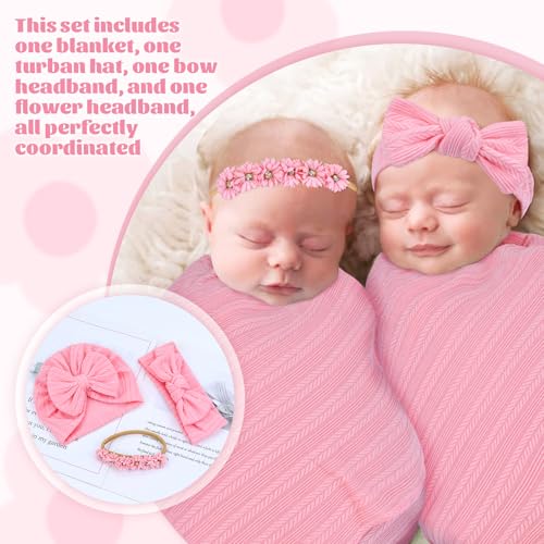 Image of Cinaci 4pcs Pink Soft Nursery Newborn Baby Receiving Swaddle Blanket with Matching Turban Hat Bow Headbands Floral Nylon Headbands for Baby Girls Newborn Infants