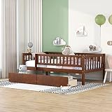 Harper & Bright Designs Twin Daybed with Two Drawers, Wood Twin Size Bed Frame with Fence Rails and Storage,Montessori Twin Bed for Kids Girls Boys,No Box Spring Needed,Walnut