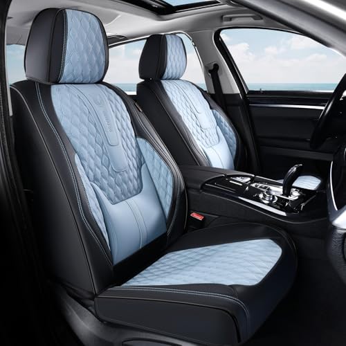 Image of Coverado Full Set Car Seat Covers, Nappa Leather Seat Covers for Car, Waterproof Car Seat Protector with Lumbar Support, Automotive Seat Covers Universal Fit for Most Cars SUV Trucks (Black-Blue)