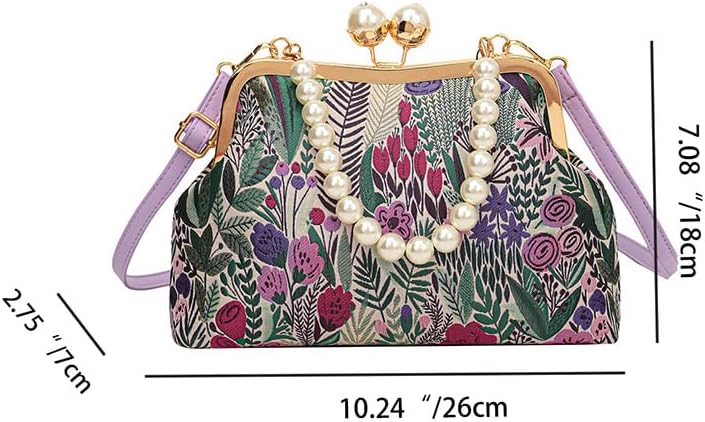 LYANYAN ヴィンテージパールチェーンキスロック財布とハンドバッグ、レトロ刺繍クロスボディバッグ 女性用