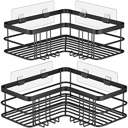 Yazoni Corner Shower Caddy, Adhesive Shower Shelves No Drilling [2-Pack], Rustproof Stainless Steel Bathroom Shower Organizer Wall Mounted with 8 Hooks and 6 Adhesives (Black)