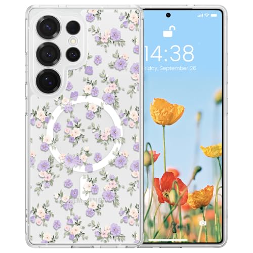 RALEAVO for Samsung Galaxy S26 Ultra Case Clear Magnetic,Purple Flowers
