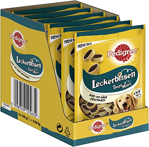 Pedigree Snack per cani Mini Happen, confezione da 6 pezzi, 6 x 140 g, biscotti per cani con sapore di manzo e formaggio, ideali per l'allenamento o per