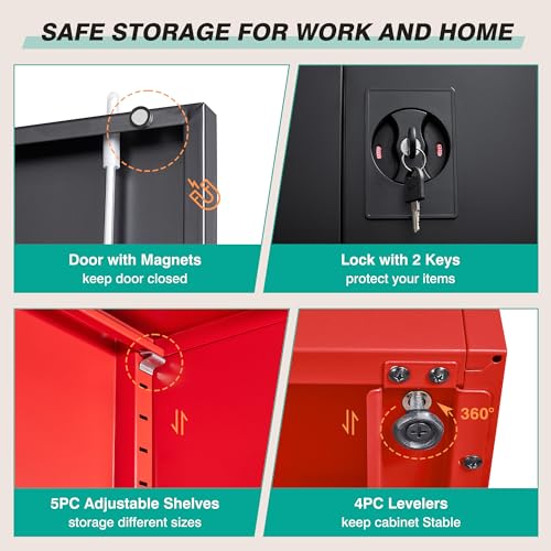Image of SISESOL Wide & Deep Metal Storage Cabinet with Lock & Adjustable Shelves,72 inch Red Black Garage Storage Cabinet with Locking Doors,Lockable Cabinets for Home,Office,Shop,Garage,Basement 72x36x18