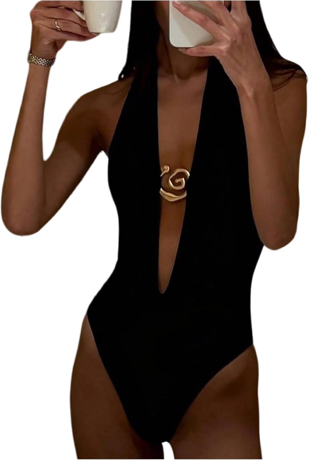 SweatyRocks Women's One Piece Swimsuit Halter Backless Bathing Suits Cut Out Swimwear Ring Linked Monokini