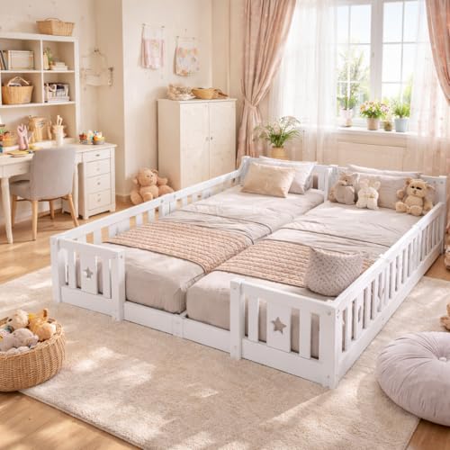 Miniatura 4 de Cama Infantil Con Suelo De 90 X 200 Cm, Con Valla, Cama Montessori Con Protección Anticaídas, Cama De Madera De Pino De 180 X 200 Cm Para 2 Niños, Cama Doble Con Somier Para Jóvenes Y Niñas, Blanco