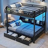 UQGVML Queen Over Queen Bunk Bed with Storage Drawers, Guardrail Storage Basket, Charging Station and LED Lights, Loft Bed for Teens Bedroom Dorm, Noise-Free, Black