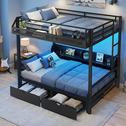 UQGVML Queen Over Queen Bunk Bed with Storage Drawers, Guardrail Storage Basket, Charging Station and LED Lights, Loft Bed for Teens Bedroom Dorm, Noise-Free, Black
