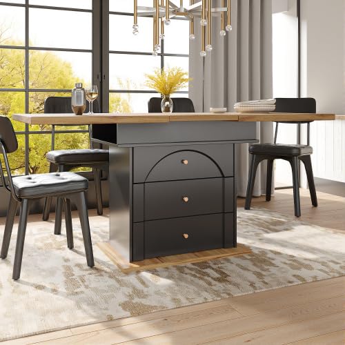 Merax Telescopic Dining Table 110-140 cm, Foldable Kitchen Table for 4-6 People, Extendable Table with Hidden Storage, Black with Minimalist Cabinet Door Design