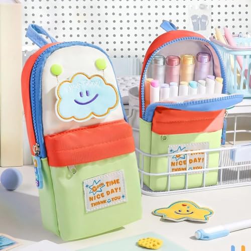 Image of Canvas School Bag Pencil Case, 3 Layer 6 Compartment Large Capacity, Aesthetic Pencil Pouch for Stationary, Cute Stationery for Kids, Pencil Case for Girls & Boys (Green Clouds)
