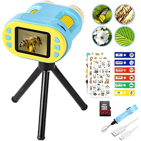 Mikroskop Kinder mit Teleskop, Fernglas Kinder Kamera 1080P 8X Digitaler Zoom 2" LCD Bildschirm Kompatibel Windows Mac PC Digital Mikroskop Science Kit für Anfänger Kinder 6 8 10 Jahre (Blau) Cover
