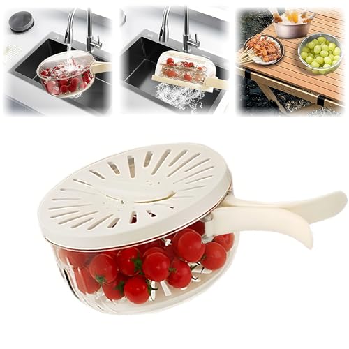 Lave-fruits, passoires de cuisine et passoires alimentaires – Bol à pastèque avec filtre et couvercle, poignée pliable, panier de vidange transparent, adapté pour laver les fruits et légumes (blanc)