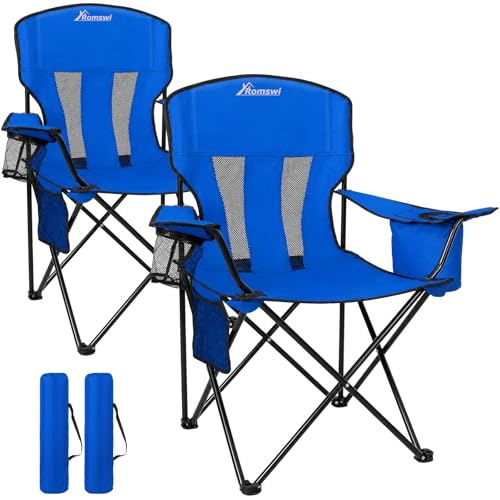 Image of Romswi Portable Camping Chairs for Adult, Folding Outdoor Chairs with 4-Can Cooler Bag, Folding Chair with Mesh Back for Outdoor, Fishing, Garden, 2-Pack, Blue