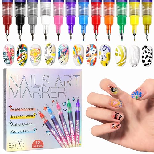 Image of Nail Art Pens for Girls | 12 Colors Pen with 10 Nail Extension | Non-Toxic Waterproof Quick Drying Markers | 0.5mm Fine Tip 3D Design Acrylic Gel Pens | Easy Manicure Tools for Beginners & Salon Use