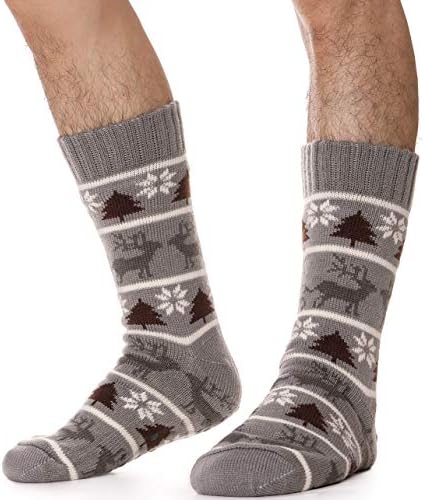 ANTSANG Mens Slipper Socks Fuzzy Warm Thick Heavy Fleece Lined Christmas Stockings Fluffy Winter Socks with Grippers (Christmas Tree (Grey)