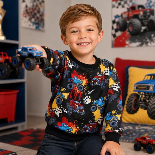 Image of Akyzic Toddler Boys Sweatshirts Cotton Crewneck Truck Shirt Dinosaur Long Sleeve Pullover Tops Tees 2-8T