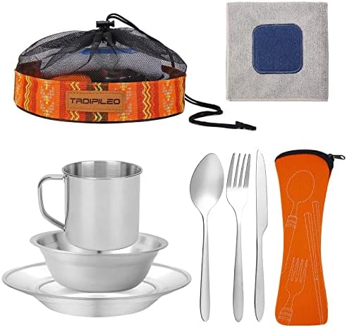 Camping Cutlery Set, 8 Piece Stainless Steel Cutlery Set Including Cutlery Spoons Mug Bowls & Plates Rags, Organizer Straps Easy to Carry for Backpacking, Camping, Hiking and Picnics (Bohemia)