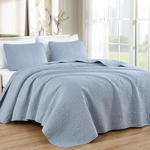 Image of Chezmoi Collection Austin King Oversized Bedspread Set, 3-Piece Pinsonic Quilted Lightweight Microfiber Bedspread Coverlet, Cool Gray