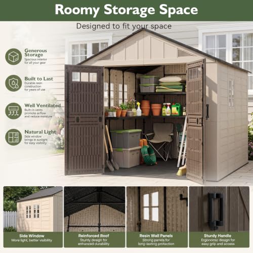 Image of Aoxun 8x8 Ft Outdoor Storage Shed with Lighe & Floor, Resin Outdoor Shed with Lockable Door & Windows, Garden Sheds for Lawn Tools, Pool Supplies & Bikes