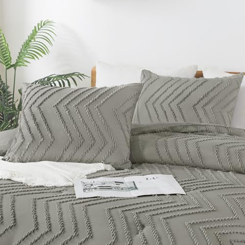 Image of Andency Medium Grey Comforter Set King Size, Boho Soft Warm Tufted Bedding Comforter Sets for King Size Bed, 3 Pieces Aesthetic Chevron Farmhouse Cute Bohemian Textured Bedding Set