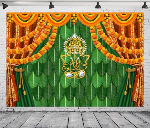 Image of 7x5 FT India Pooja Traditional Backdrop Indian Decorations for Pooja Banana Leaf Green Chatiya Ganesh Puja Ganpati Mehndi Photography Background Ganpati Wedding Party Photo Booth Props
