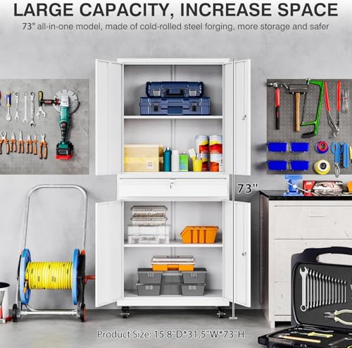 Image of SISESOL White Metal Storage Cabinet with Wheels and Drawer,Rolling Garage Cabinet with Locking Doors and Adjustable Shelves,73 inch Mobile Tall Large Metal Cabinets for Home,Office,Garage,Shop