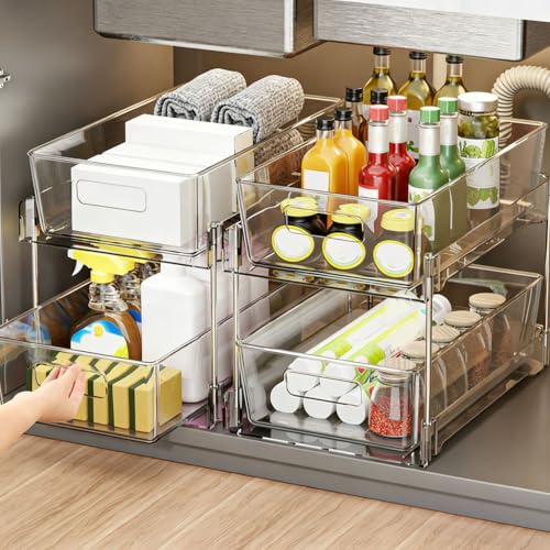 Organizador para debajo del fregadero Duokon de 2 niveles, 30x19x25.5 cm (Transparente) | Plástico, Ahorro de espacio, organizador transparente extraíble, apilable para baño y cocina miniatura 5