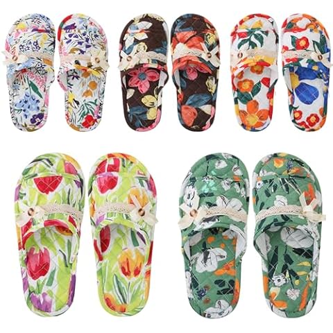 Chuarry 5 Pairs Floral Cotton House Slippers for Women, Soft Open Toe Indoor Spa Slippers for Guests Washable Comfortable Portable Slippers Non Slip Slippers for Hotel Travel Bedroom Airplane Party Cover
