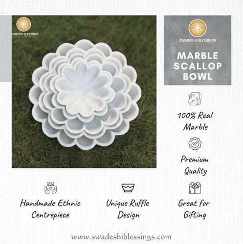 Image of SWADESHI BLESSINGS Handcrafted Marble Scalloped Urli Bowl for Home Decor | Traditional Decorative Bowl for Floating Flowers, Potpourri & Festive Decor Item | Pooja Decoration | Wedding /Return Gift, 9 inch