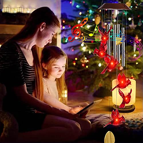 TSIPEKLO Cardinal Wind Chimes,Red Cardinal Bird Solar Wind Chimes for Outside,Aluminum Tubes Memorial Wind Bell for Garden Patio Decor Sympathy Thanksgiving Birthday Gifts for Mom, Wife, Grandma