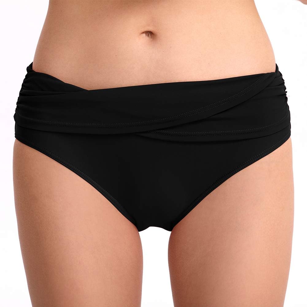 Women’s Side Ruched Bikini Bottom Cross Double Layer Mid Waist Swim Briefs Short (Black, 10)