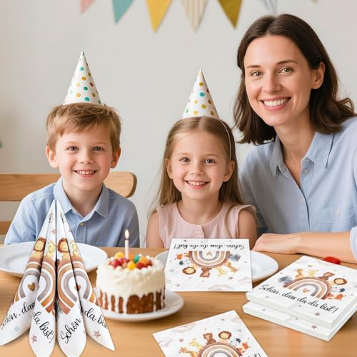Servietten Geburtstag Kinder, 40 Stück Servietten Schön Dass Du Da Bist, Geburtstagsservietten, Kinderparty-Servietten, Tiermotiv, Geburtsfeier Jungen und Mädchen
