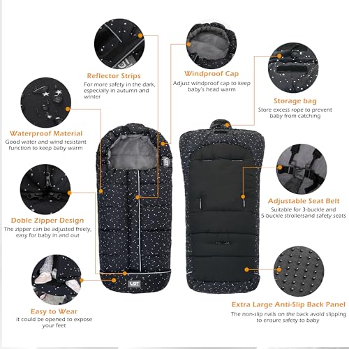 Image of LAT Baby Warm Bunting Bag Universal,Stroller Sleeping Bag Cold Weather,Waterproof Toddler Footmuff(Basic,Black+White Stars)